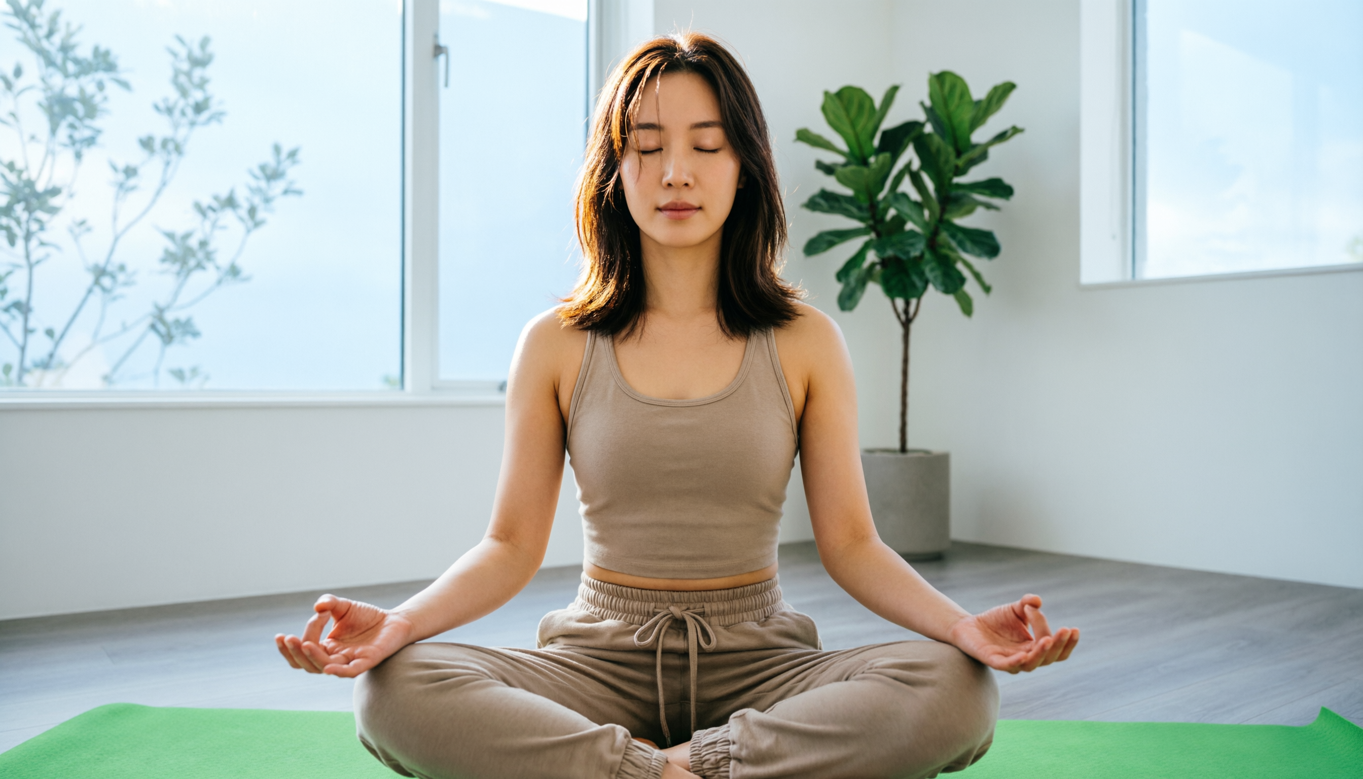 A person practicing yoga in a bright room